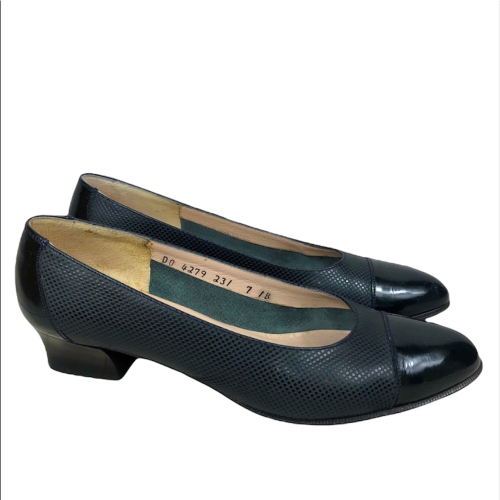 Salvatore Ferragamo Black Patent Cap Toe Pumps